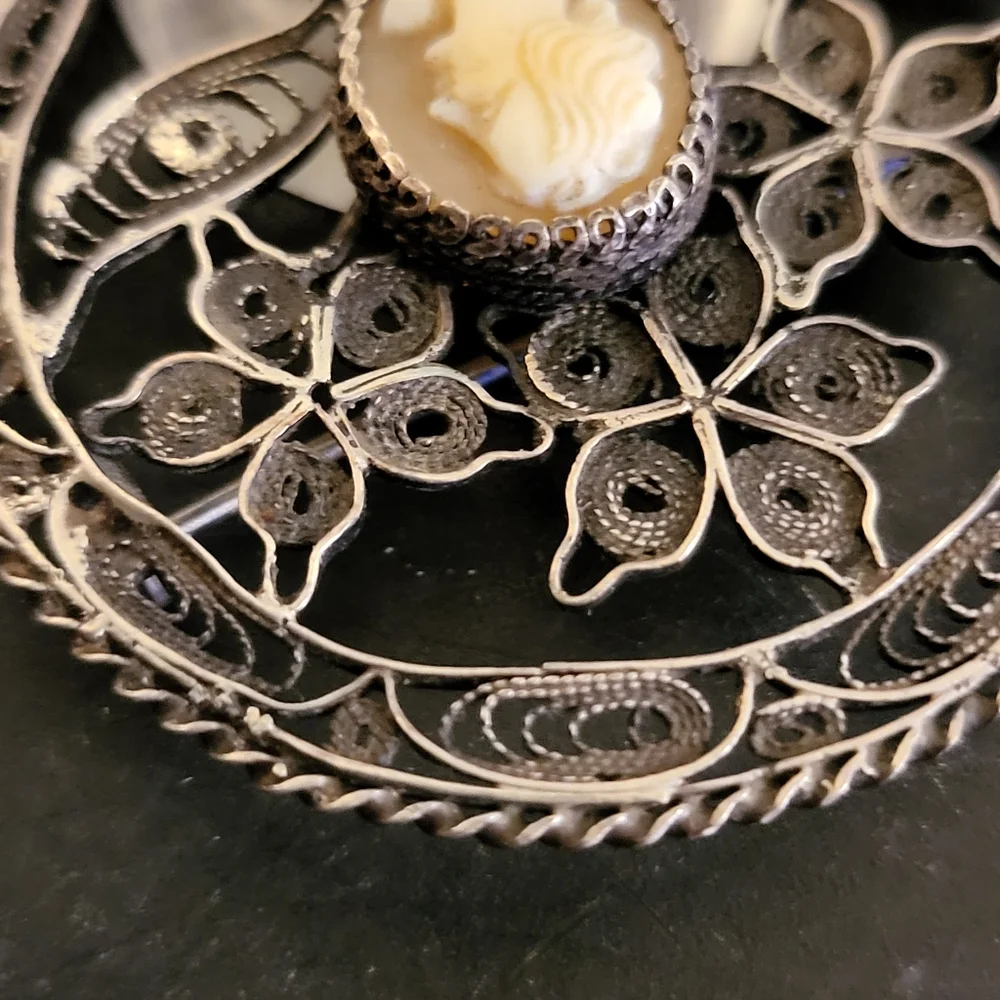 Antique Sterling Silver Victorian Cameo Brooch 1.75